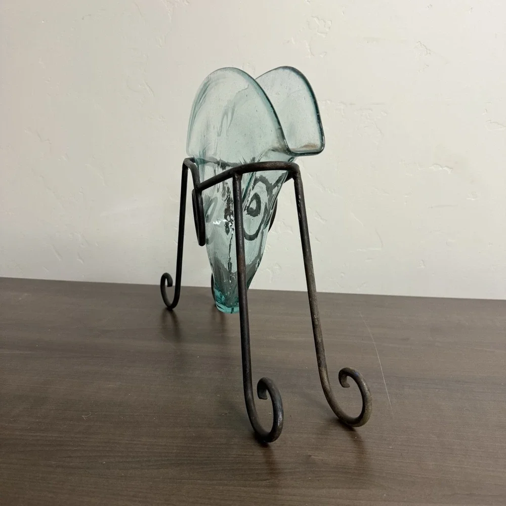 Blown Glass Vase Blue Glass Wrought Iron Base Tulip Shape